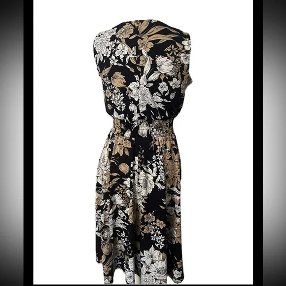 Kate And Lily Navy Gold White Floral Sleeveless V Neck Dress Elastic Waist Sz 4 - Picture 3 of 4